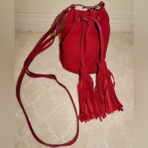 Jigsaw Red Suede Leather Crossbody Bucket Bag w/ Brass Hardware